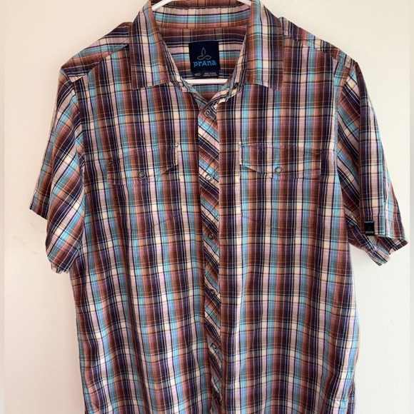 PrAna Snap Button Down Short Sleeve Shirt Madras Brown Blue Plaid Men’s Medium - Picture 7 of 9